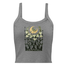 Load image into Gallery viewer, Melodia Gallery grey 100% cotton micro-rib tank top with vintage Art Nouveau moonlight and floral graphic design.
