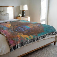 Load image into Gallery viewer, Melodia Gallery The Art of Stillness 100% cotton woven blanket with fringed edges, featuring a blue-faced deity.
