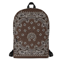 Load image into Gallery viewer, Melodia Gallery brown bandana print polyester backpack with laptop compartment and multiple pockets.

