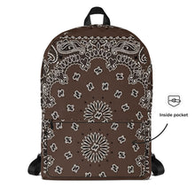 Load image into Gallery viewer, Melodia Gallery brown polyester backpack with white paisley bandana print, front zip pocket, and padded straps.
