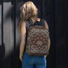 Load image into Gallery viewer, Melodia Gallery brown polyester backpack with white paisley bandana print, featuring a laptop compartment and multiple pockets.
