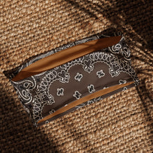 Load image into Gallery viewer, Melodia Gallery brown recycled polyester bandeau bikini top with white paisley print, UPF 50+ sun protection.
