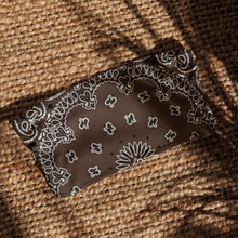 Load image into Gallery viewer, Melodia Gallery brown recycled polyester bandeau bikini top with white paisley bandana print. UPF 50+.
