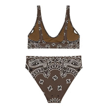 Load image into Gallery viewer, Melodia Gallery brown bandana print high-waisted bikini set with removable pads and zig-zag stitching.
