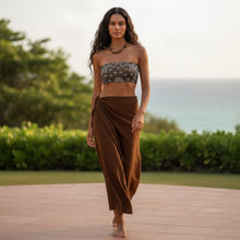 Load image into Gallery viewer, Melodia Gallery brown bandana print recycled polyester bandeau bikini top with UPF 50+ sun protection.
