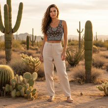 Load image into Gallery viewer, Melodia Gallery brown bandana print cotton-elastane blend crop top with a form-fitting silhouette.
