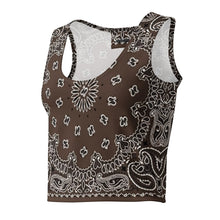 Load image into Gallery viewer, Melodia Gallery brown bandana print cotton-elastane blend crop top with a racerback style.
