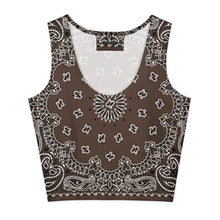 Load image into Gallery viewer, Melodia Gallery brown bandana print cotton-elastane blend crop top with a form-fitting silhouette.
