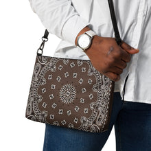 Load image into Gallery viewer, Melodia Gallery crossbody bag in chocolate brown with white paisley bandana print. Faux leather with zip top and adjustable strap.
