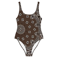 Load image into Gallery viewer, Melodia Gallery brown one-piece swimsuit with bandana print, scoop neckline, and cheeky fit.
