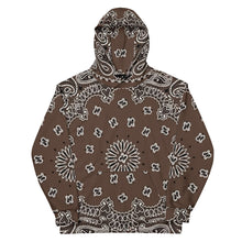 Load image into Gallery viewer, Melodia Gallery unisex cotton hoodie with all-over brown bandana print, featuring a drawstring hood and front pocket.
