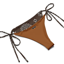 Load image into Gallery viewer, Melodia Gallery brown recycled polyester string bikini with bandana print lining and adjustable ties.
