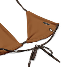 Load image into Gallery viewer, Melodia Gallery brown recycled polyester string bikini top with bandana print ties and removable padding.
