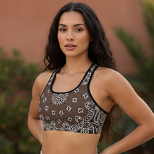 Load image into Gallery viewer, Melodia Gallery brown bandana print sports bra with racerback and scoop neckline. Moisture-wicking.
