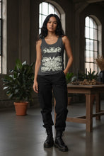Load image into Gallery viewer, Melodia Gallery dark grey 100% cotton tank top with vintage bats art nouveau graphic design.
