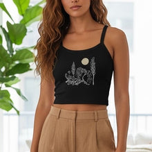 Load image into Gallery viewer, Melodia Gallery black 100% cotton micro-rib tank top with a vintage Art Nouveau graphic design of a moonlit landscape.
