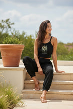 Load image into Gallery viewer, Melodia Gallery black 100% cotton micro-rib tank top with a vintage Art Nouveau moonlight floral graphic.
