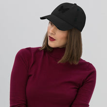 Load image into Gallery viewer, Melodia Gallery black distressed cotton dad hat with embroidered butterfly detail. Adjustable strap, fits most.
