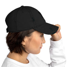 Load image into Gallery viewer, Melodia Gallery black distressed cotton dad hat with butterfly embroidery. Adjustable strap, fits most head sizes.
