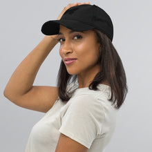 Load image into Gallery viewer, Melodia Gallery black distressed cotton dad hat with butterfly embroidery. Adjustable strap, fits most head sizes.
