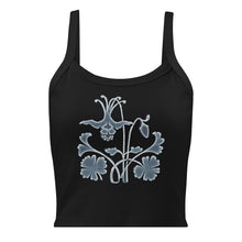 Load image into Gallery viewer, Melodia Gallery black 100% cotton micro-rib tank top with a light blue Art Nouveau columbine flower graphic.
