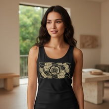 Load image into Gallery viewer, Melodia Gallery black 100% cotton bodycon dress with vintage art nouveau floral graphic print.
