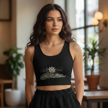 Load image into Gallery viewer, Melodia Gallery black 100% cotton crop top with a vintage-inspired graphic of a sleeping tabby cat and passionflower.
