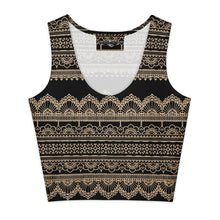 Load image into Gallery viewer, Melodia Gallery black cotton crop top with beige lace-inspired pattern and scoop neckline.

