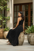 Load image into Gallery viewer, Melodia Gallery black 100% cotton micro-rib tank top with a vintage fish and lotus graphic.
