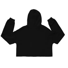 Load image into Gallery viewer, Melodia Gallery black cotton poly fleece cropped hoodie with raw hem and drawstrings
