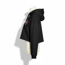 Load image into Gallery viewer, Melodia Gallery black cropped hoodie with Korean tiger graphic, raw hem, and drawstrings. 52% cotton, 48% poly fleece.
