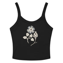 Load image into Gallery viewer, Melodia Gallery black 100% cotton micro-rib crop tank top with vintage floral graphic design.
