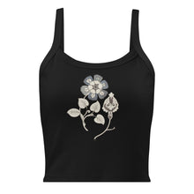 Load image into Gallery viewer, Melodia Gallery black micro-rib crop tank top with vintage floral print and light blue and grey details.
