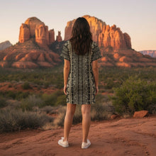 Load image into Gallery viewer, Melodia Gallery black and gold lace-inspired cotton t-shirt dress with short sleeves.
