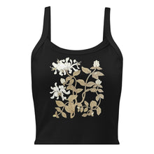 Load image into Gallery viewer, Melodia Gallery black 100% cotton micro-rib crop tank top with vintage-inspired honeysuckle floral design.
