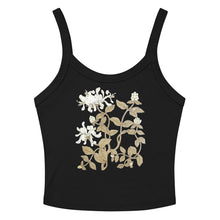 Load image into Gallery viewer, Melodia Gallery black 100% cotton micro-rib crop tank top with a vintage-inspired honeysuckle floral design.
