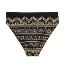 Load image into Gallery viewer, Melodia Gallery black high-waisted bikini bottom with intricate lace-inspired graphic pattern in beige.
