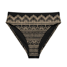 Load image into Gallery viewer, Melodia Gallery black high-waisted bikini bottom with intricate beige lace-inspired pattern. Made from recycled materials.
