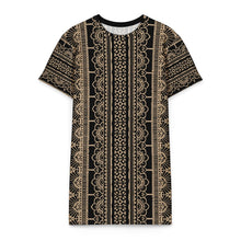 Load image into Gallery viewer, Melodia Gallery black and tan lace-inspired graphic print 100% cotton t-shirt dress
