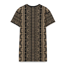 Load image into Gallery viewer, Melodia Gallery black and tan lace-inspired graphic print 100% cotton t-shirt dress

