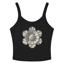 Load image into Gallery viewer, Melodia Gallery black 100% cotton micro-rib tank top with vintage rosette graphic print.
