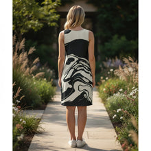 Load image into Gallery viewer, Melodia Gallery black and white marble wash cotton bodycon tank dress with scoop neckline.
