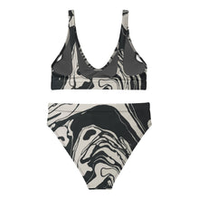 Load image into Gallery viewer, Melodia Gallery black and white recycled polyester high-waisted bikini set with removable pads and zig-zag stitching.
