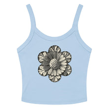 Load image into Gallery viewer, Melodia Gallery light blue 100% cotton micro-rib tank top with vintage rosette graphic design.
