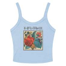 Load image into Gallery viewer, Melodia Gallery light blue 100% cotton micro-rib tank top with vintage floral and butterfly graphic.
