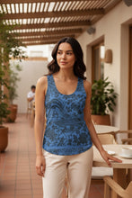 Load image into Gallery viewer, Melodia Gallery women's blue 100% cotton tank top with vintage phoenix and floral design.
