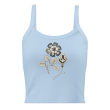 Load image into Gallery viewer, Melodia Gallery light blue 100% cotton micro-rib crop tank top with vintage floral graphic design.
