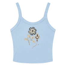 Load image into Gallery viewer, Melodia Gallery light blue 100% cotton micro-rib tank top with vintage floral graphic print, boho crop style.
