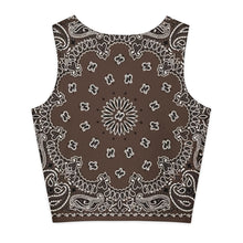 Load image into Gallery viewer, Melodia Gallery brown bandana print cotton-elastane blend crop top with a form-fitting silhouette.
