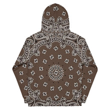 Load image into Gallery viewer, Melodia Gallery brown cotton bandana print unisex hoodie with drop shoulders and a front pocket.
